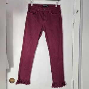 Just Black Denim Maroon Cropped Jeans Fringe Hem Sz 26